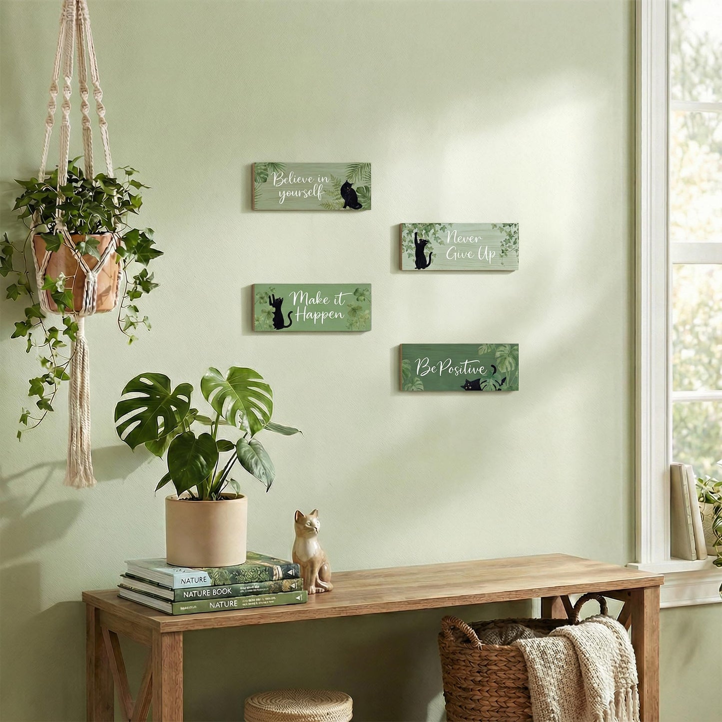 4Pcs Sage Green Office Decor for Women Inspirational Wooden Wall Decor for Office Home Sage Green Black Cat Wall Art Motivational Quotes Wooden Signs Set Positive Affirmations for Bedroom Work