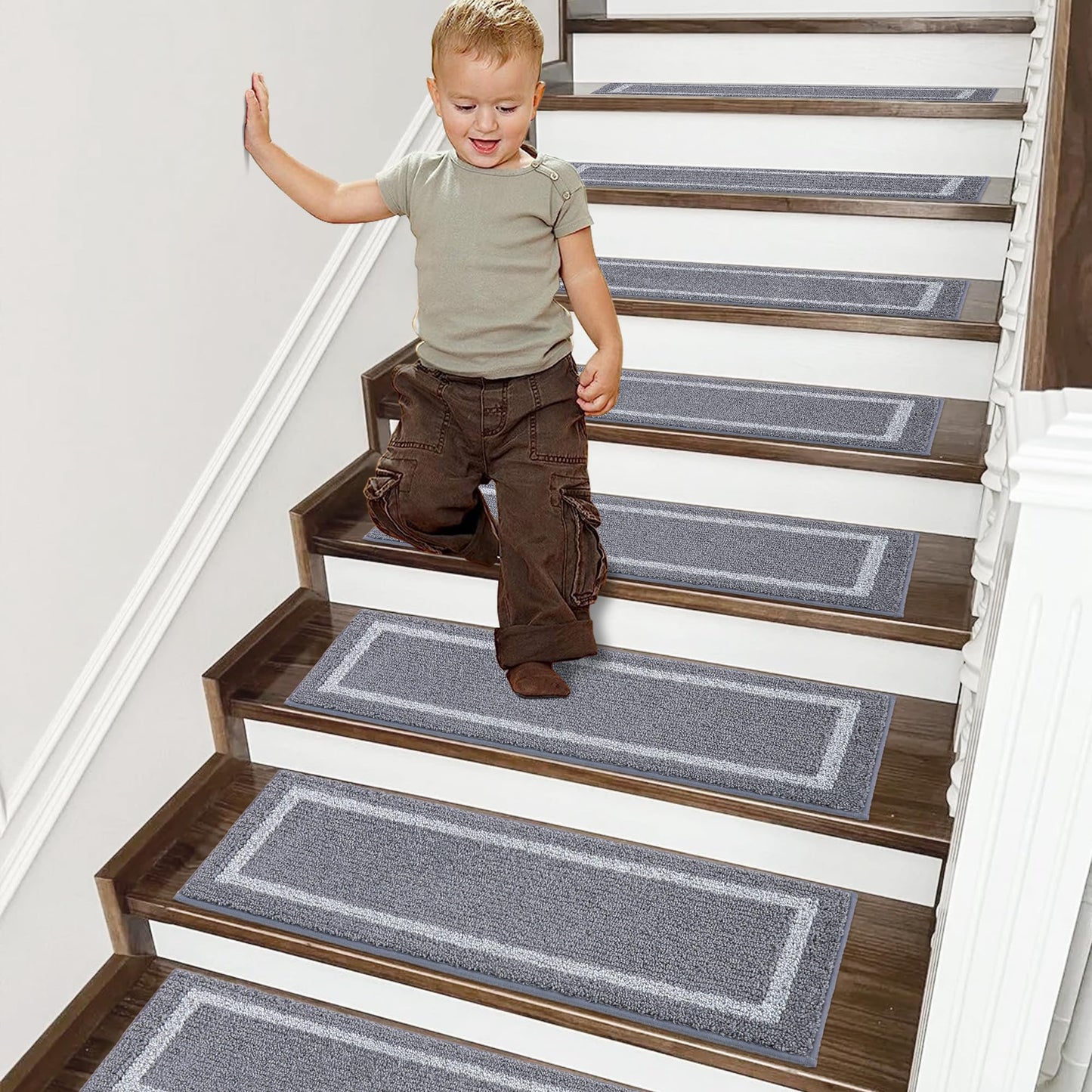 COSY HOMEER Soft Stair Treads Non-Slip Carpet Mat 28inX9in Indoor Stair Runners for Wooden Steps, Stair Rugs for Kids and Dogs, 100% Polyester TPE Backing 10pcs,Grey