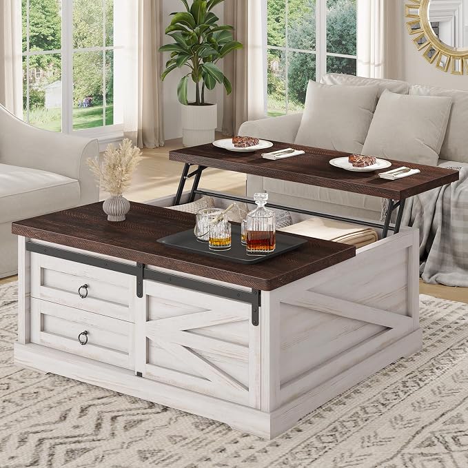 Itaar 39.4'' Lift Top Coffee Table with Storage, Farmhouse Coffee Tables for Living Room, Square Coffee Table with Large Hidden Compartment & 2 Drawers & Adjustable Shelves, Vintage White+Walnut
