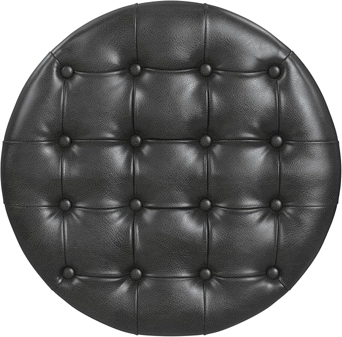 Homepop Home Decor | Button Tufted Faux Leather Round Storage Ottoman | Ottoman with Storage for Living Room & Bedroom (Black Faux Leather)