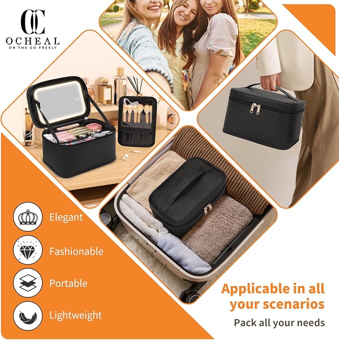 Makeup Bag With LED Mirror, Lightweight Travel Makeup Bag With 3 Color Setting Light Up Mirror Cosmetic Makeup Organizer Vanity Case for Women Beauty Tools Accessories Rechargeable Train Case-Black