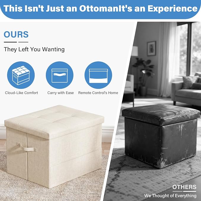 Dayacoco Storage Ottoman Foot Rest Stool, Foldable Foot Rest Stool with Thicker Foam Padded Seat, 43L Small Ottoman with Storage, Holds Up to 350lbs, 17x13x13in, Beige