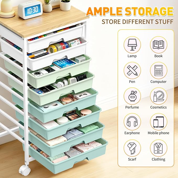 SUNALLY Rolling Storage Utility Cart With 8 Drawers, Storage Drawer Cart with Wooden Tabletop and 2 Lockable Wheels, 8 Tier Rolling Cart for Craft Art Supply Storage & Home Office Organization, Green