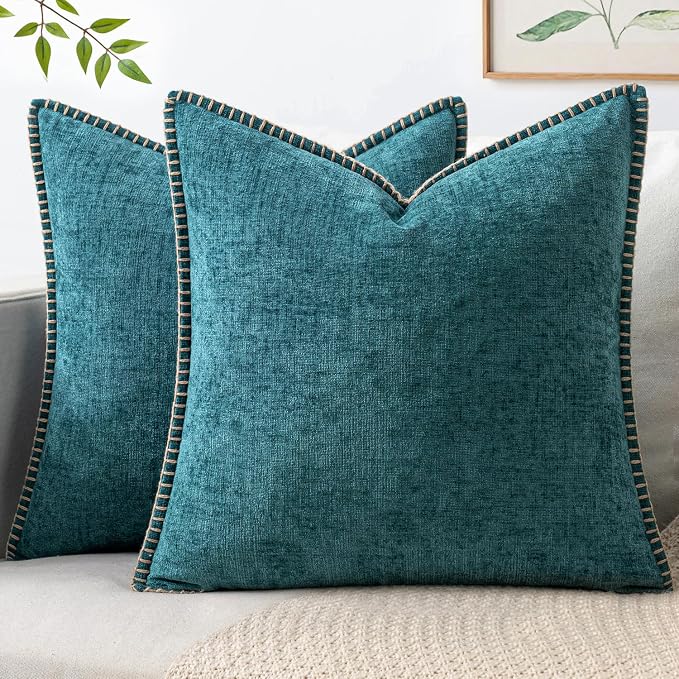 MIULEE Pack of 2 Couch Throw Pillow Covers 18x18 Inch Dark Teal Farmhouse Decorative Pillow Covers with Stitched Edge Soft Chenille Solid Dyed Pillow Covers for Sofa Bed Living Room