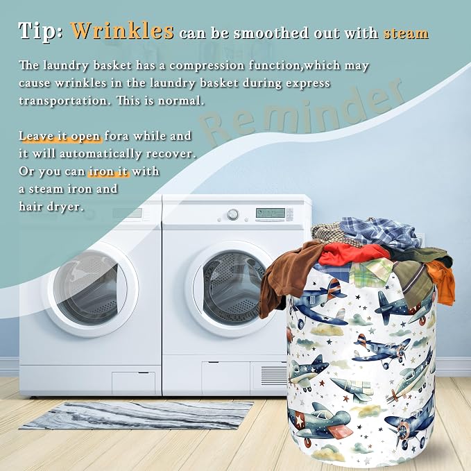Watercolor Plane Laundry Basket Foldable Cartoon Laundry Hamper Oxford Cloth Plane Printed Colorful Tote Bag Clothes Toy Storage Bucket For Bathroom/Laundry Storage/Bedroom 18.9x16.5 Inch