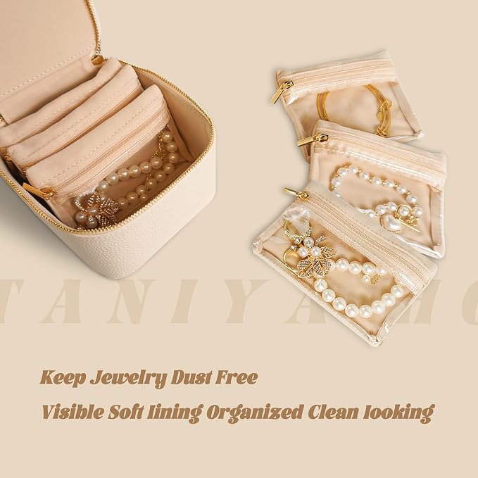 6 Pcs Travel Jewelry Organizer, Velvet Mini Pouch with Clear Zipper Pocket, Lightweight Jewelry Storage Organizer for Rings Earrings Necklaces, Travling Gift for Women Girls (Beige)