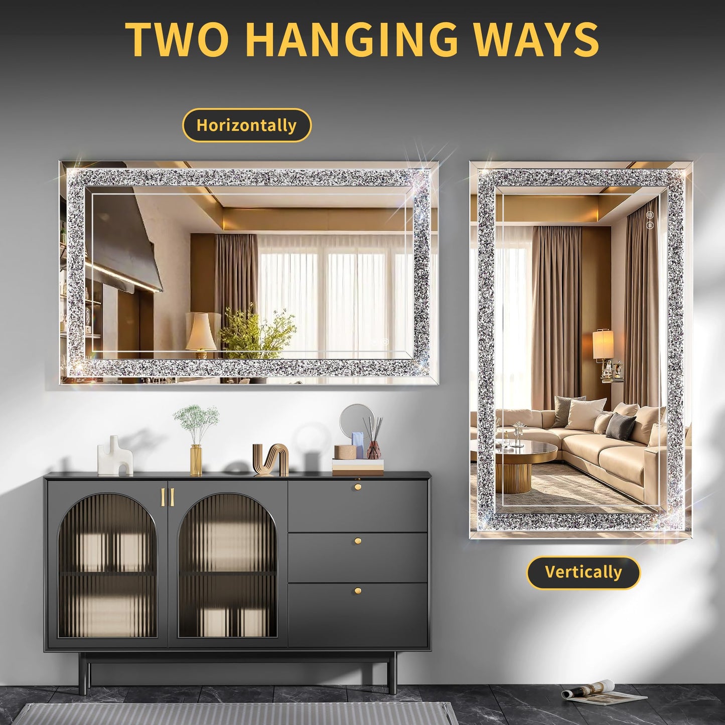 WINNICE 47" x 26" LED Diamond Wall Mirror with Dimming & Anti-Fog, Large Crystal Decorative Mirror for Bathroom, Bedroom, Living Room, Vertical or Horizontal Wall Mount