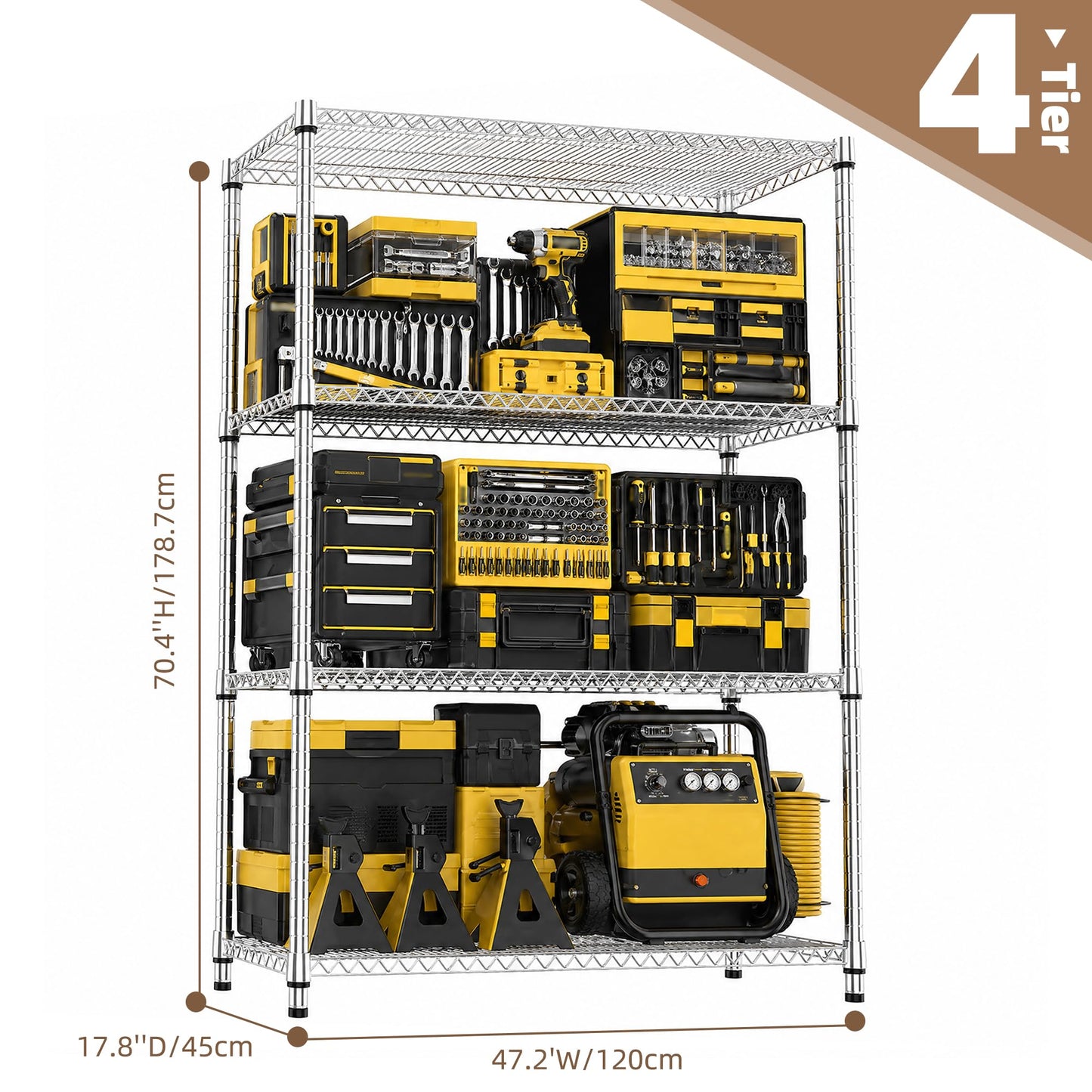 M MZG 4-Shelf Heavy Duty Garage Shelving Wire Adjustable Storage Rack for Kitchen Laundry Bathroom Pantry 2640 lbs Capacity Silver 17.7 x 47.3 x 70.4 Inch