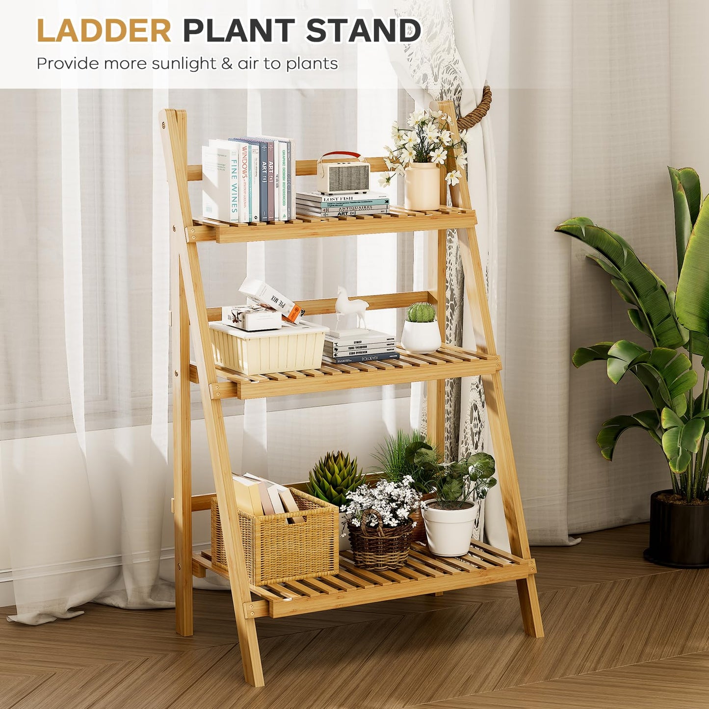 Foldable Ladder Shelf 39.4", Plant Shelf 3 Tier, Bamboo Ladder Flower Pot Display Shelf, Freestanding Ladder Bookshelf for Living Room, Balcony, Yard, Garden, 23.6"W x 15"D x 39.4"H, Natural