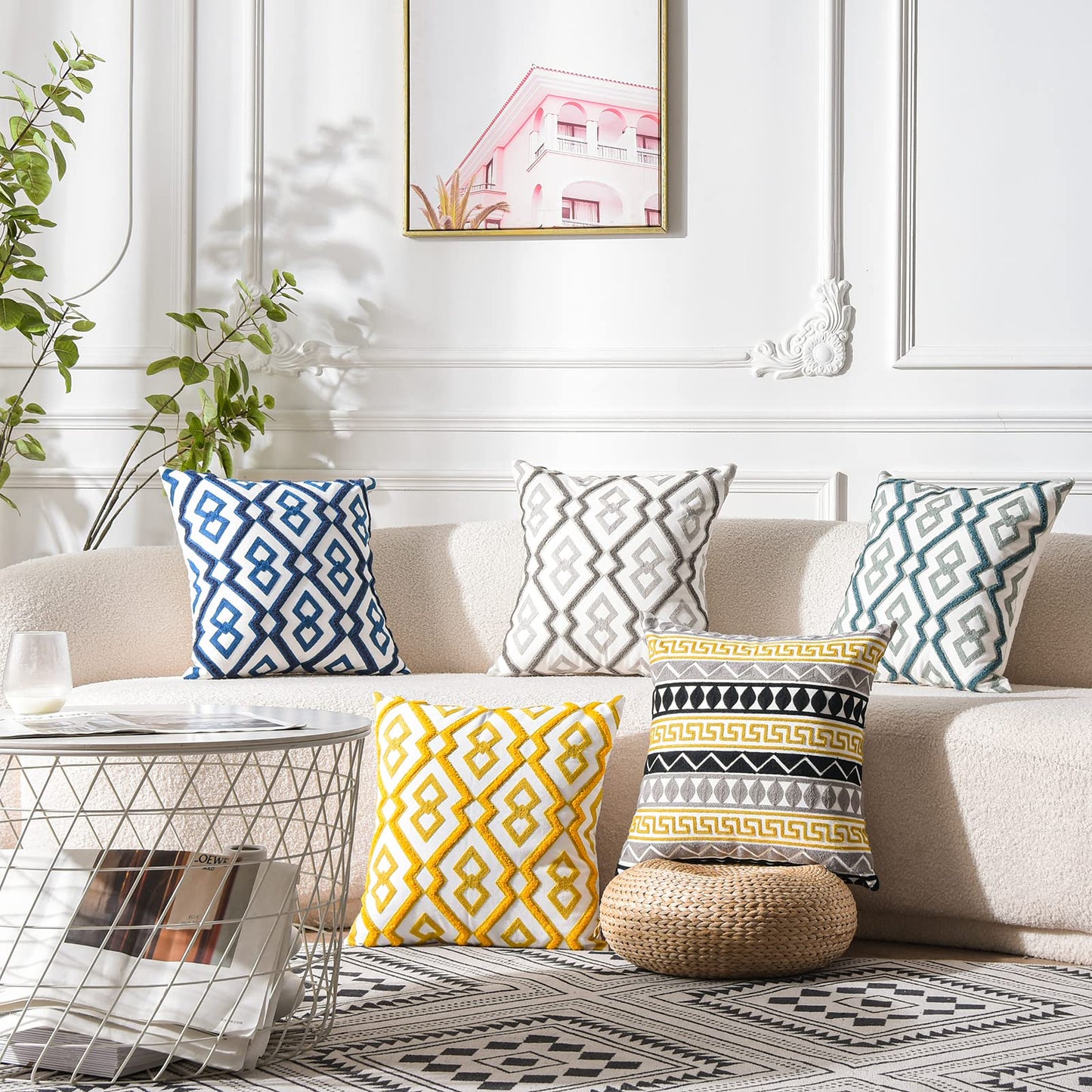 WACOMECO Pack of 2 Embroidered Decorative Throw Pillow Covers - Accent Boho Pillowcases Farmhouse Cushion Covers for Sofa Bedroom Couch Car, 18 x 18 in, Grey