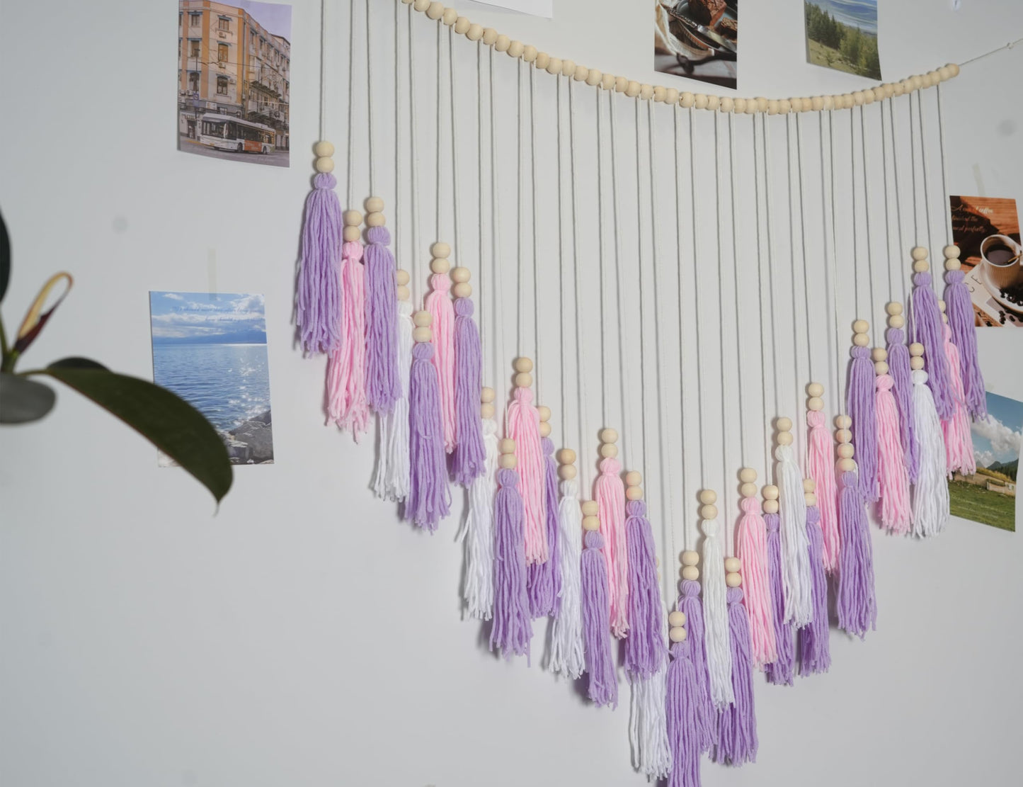 Pink & Purple Macrame Hanging Boho Wall décor, Purple Wall Decor for Bedroom Living Room Girls Room Nursery Large Tassel Hanging with Wood Beads 41" W x 32" H