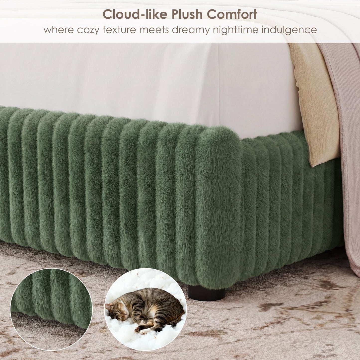 Keyluv Queen Bed Frame with 54” Tall Faux-Fur Wingback Headboard, Upholstered Platform Bed with LED Light, Mattress Foundation with Solid Wooden Slats Support, No Box Spring Needed, Noise-Free, Green