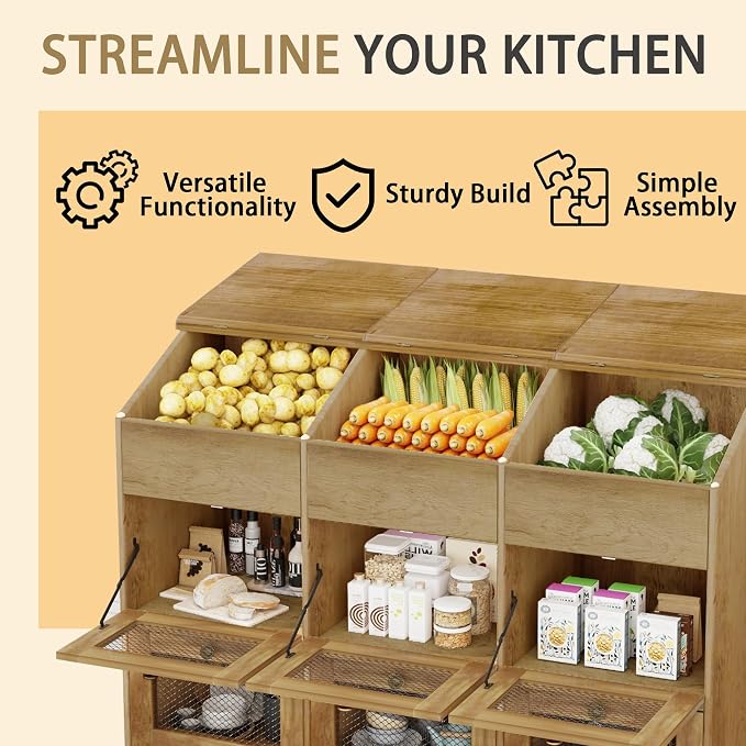 Triple Potato and Onion Storage Bin with Wheels, 3 Tier Wooden Potato Storage Cabinets with Mesh Doors, Farmhouse Movable Fruit and Vegetable Box, Wood Bread Box for Kitchen (Triple Brown)