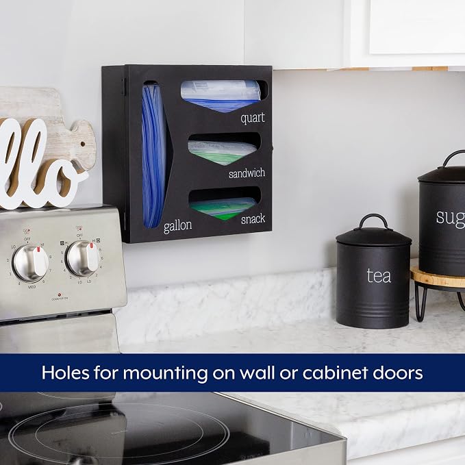AuldHome Design Enamelware Kitchen Bag Organizer (Black), Farmhouse Style Holder Compatible w/ Zipper Seal Kitchen Storage