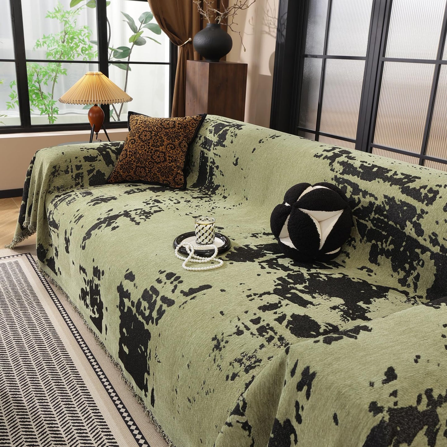 HANDONTIME Abstract Couch Cover for Dogs Green and Black Couch Cover Blanket for 2 Cushion Sofa Modern Aesthetics Sofa Covers Washable Pet Friendly Chenille Pet Protector Furniture Covers, 71" X 118"