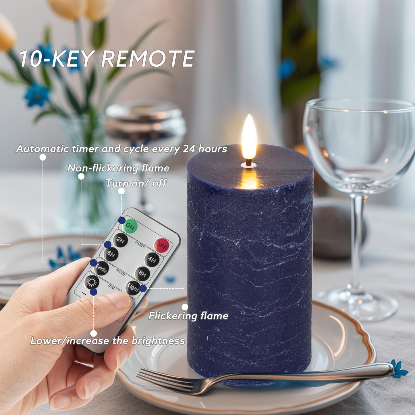AFINETH Navy Blue Flameless Candles, Real Wax Battery Operated Candles with Remote, Flat Top Flickering LED Pillar Candles for Home Party Wedding Holiday Decor, Set of 3 (H 4" 5" 6" x D3)