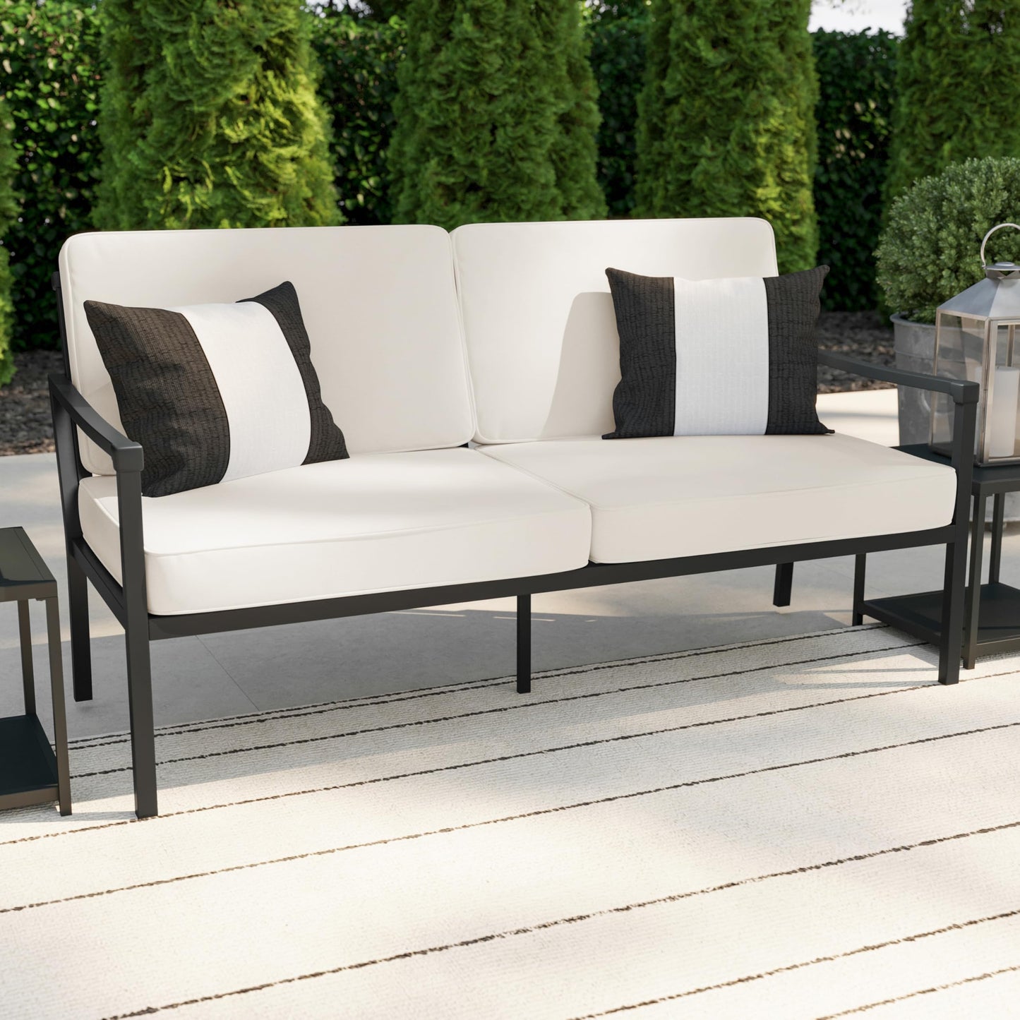 Martha Stewart Lily Pond All-Weather Patio Loveseat with Elevated Backrest Design and Steel Frame in Black with Cream Cushions