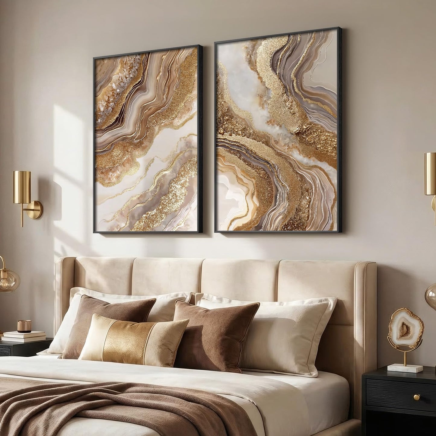 Framed Abstract Brown Gold Wall Art for Living Room, 2 Piece Large Modern Luxury Artwork for Walls, Contemporary Bright Style Picture Prints Paintings for Bedroom Dining Room Office 24x36 Inch