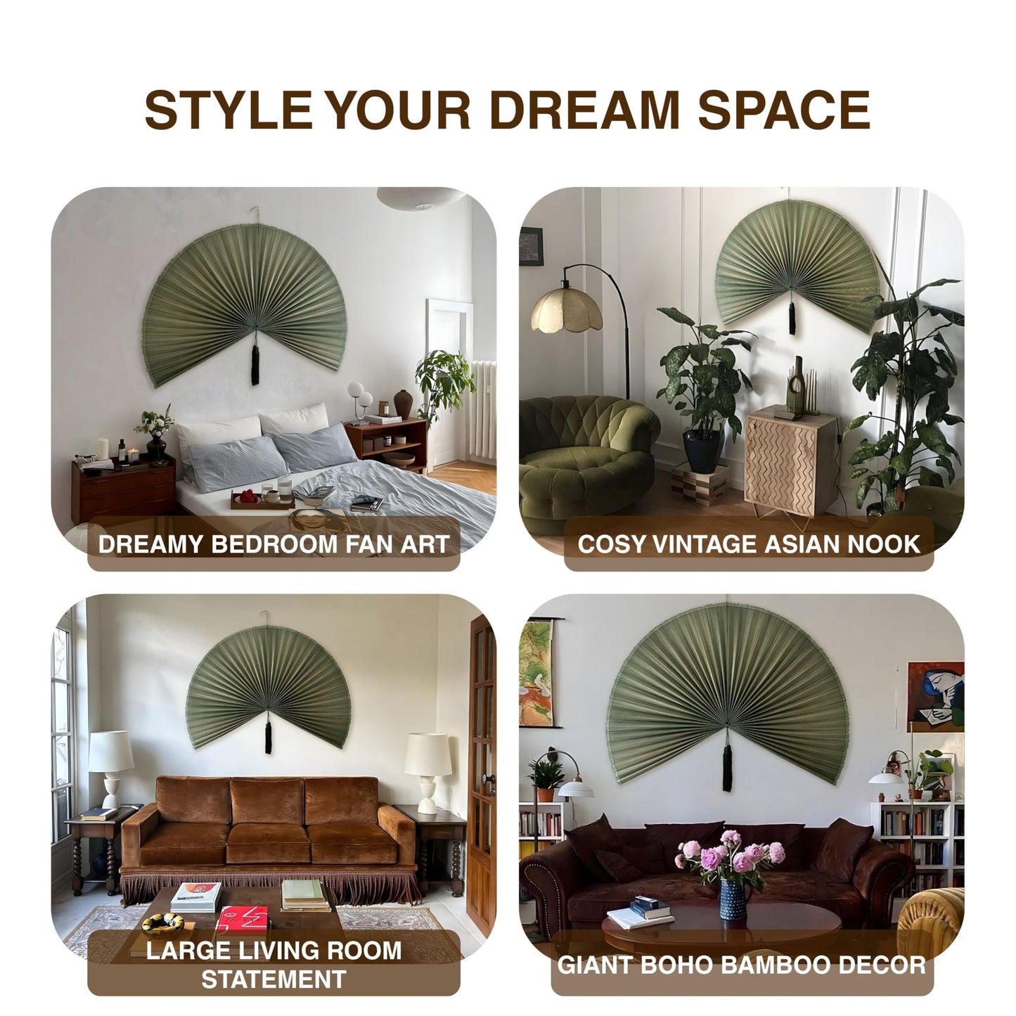 Chicvillage Fan Wall Decor 60", Fan Decor for Bedroom, Wall Fan Decor Large Bamboo Handwoven Art, Decorative Fans for Wall, Boho Headboard Hanging (Green)