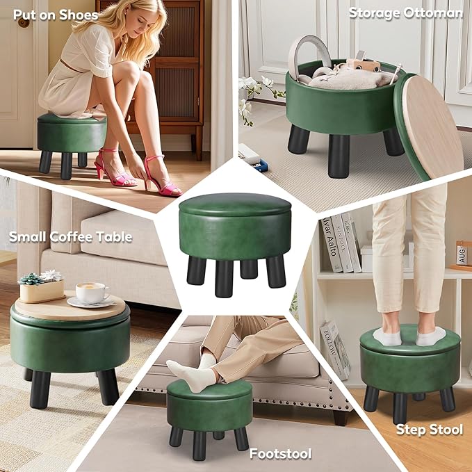 Small Foot Stool Ottoman with Storage, Faux Leather Ottoman Foot Rest for Couch, Round Footstool Ottomans for Living Room (Green)