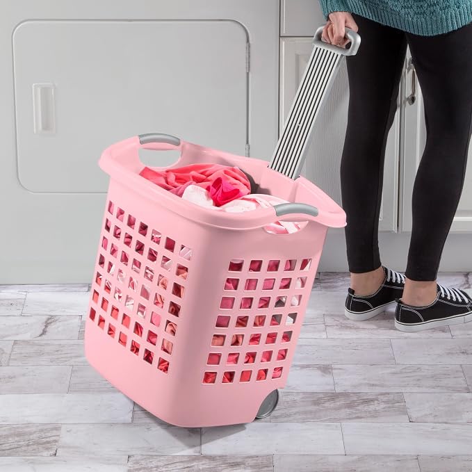 Sterilite 4 Pack Ultra Wheeled Laundry Basket, Plastic Clothes Hamper Bin with Wheels and Retractable Handle, 1.7 Bushel Capacity, Pink Frost