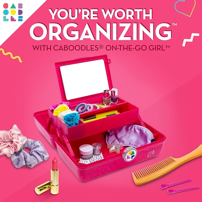 Caboodles On-The-Go Girl Makeup Box, Deep Pink Sparkle, Hard Plastic Makeup Organizer Box, Built-In Mirror, Secure Latch for Safe Travel, Spacious Storage for Large Items