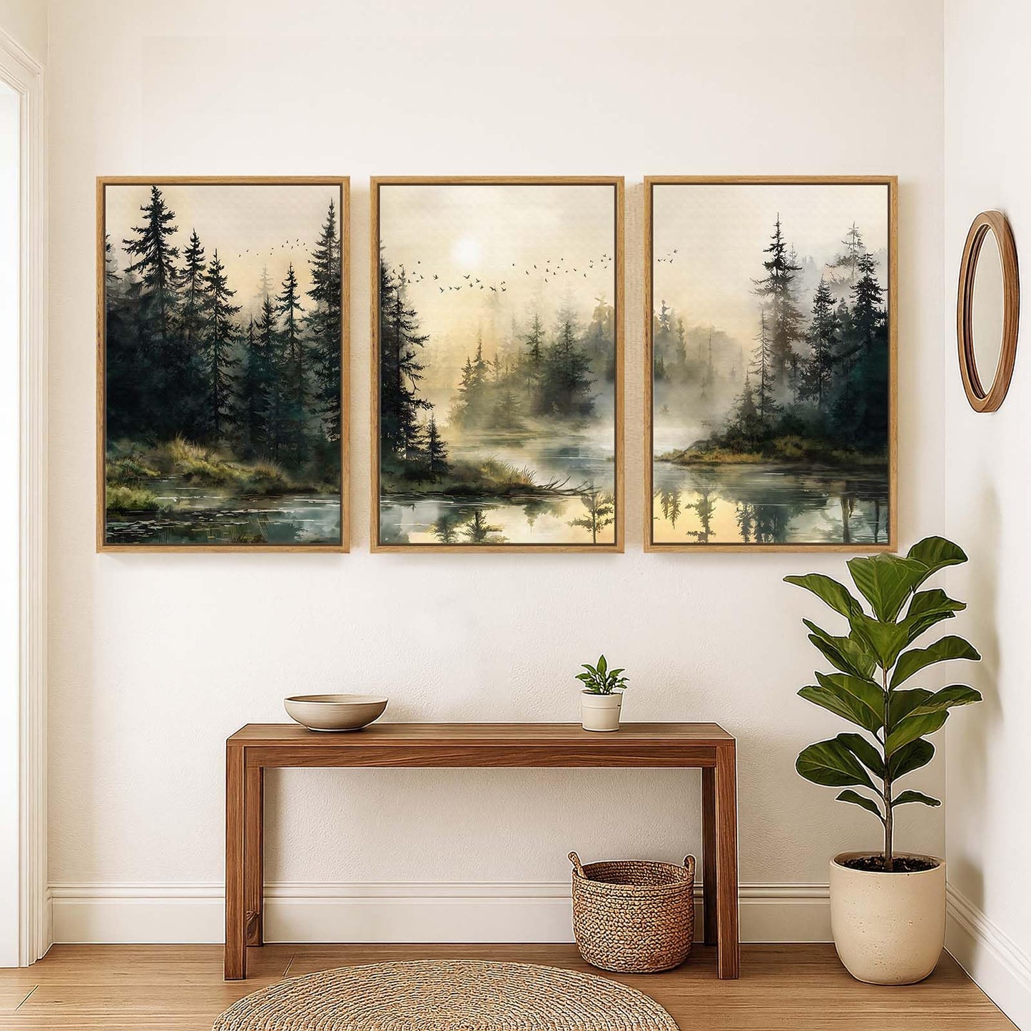Framed Forest Landscape Wall Art for Living Room, Large 3 Piece Misty Pine Tree Nature Scenic Artwork for Walls, Rustic Woodland Sunset Canvas Painting Prints for Office Bedroom Wall Decor, 24x36 Inch