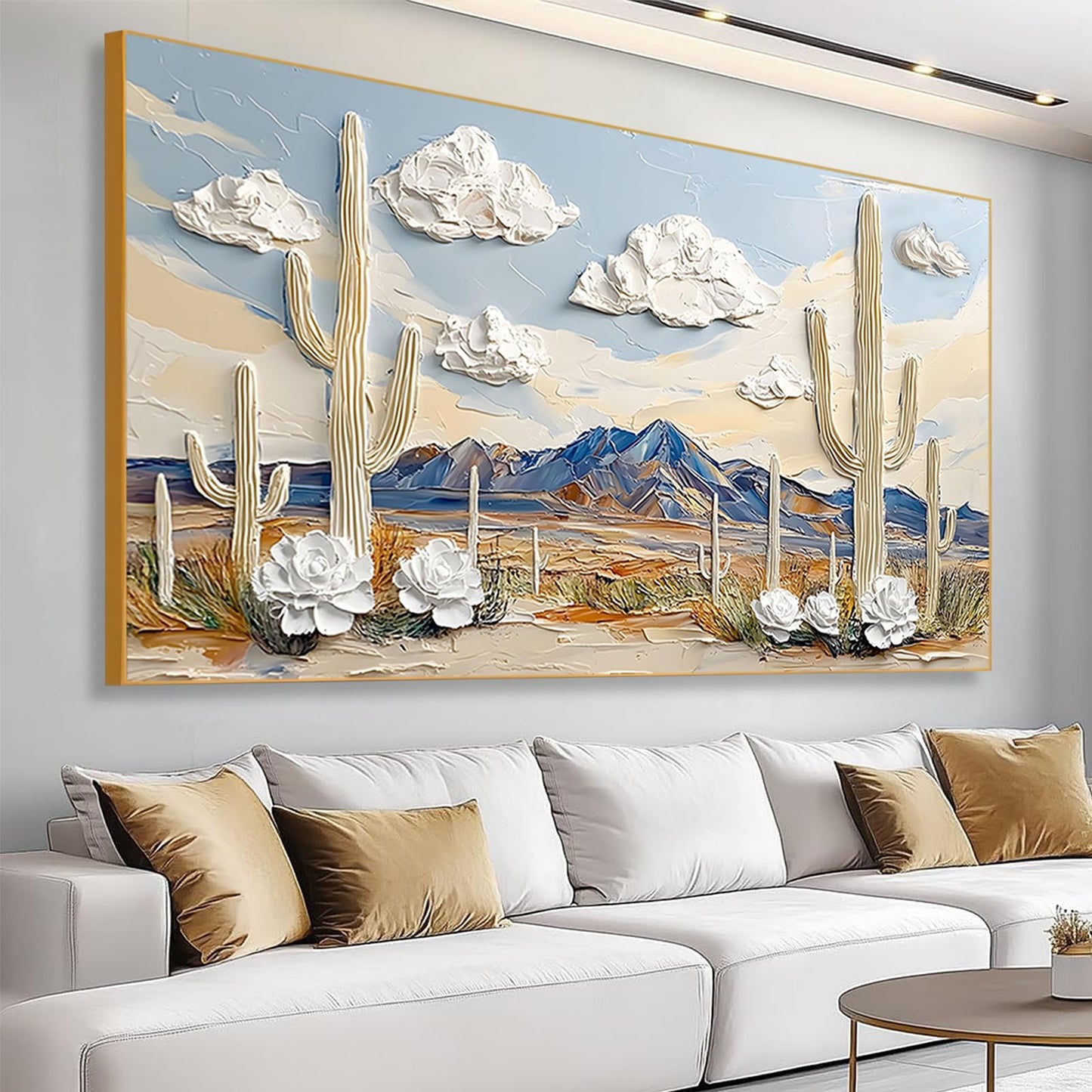 Desert Canvas Wall Art, Cactus Canvas Wall Art, White Desert Landscape Picture Print, Western Print Decor, Rustic Southwestern Painting, Cactus Landscape Decor for Living Room, Bedroom, Kitchen (Black Framed, 36"x20"| 92x52cm)