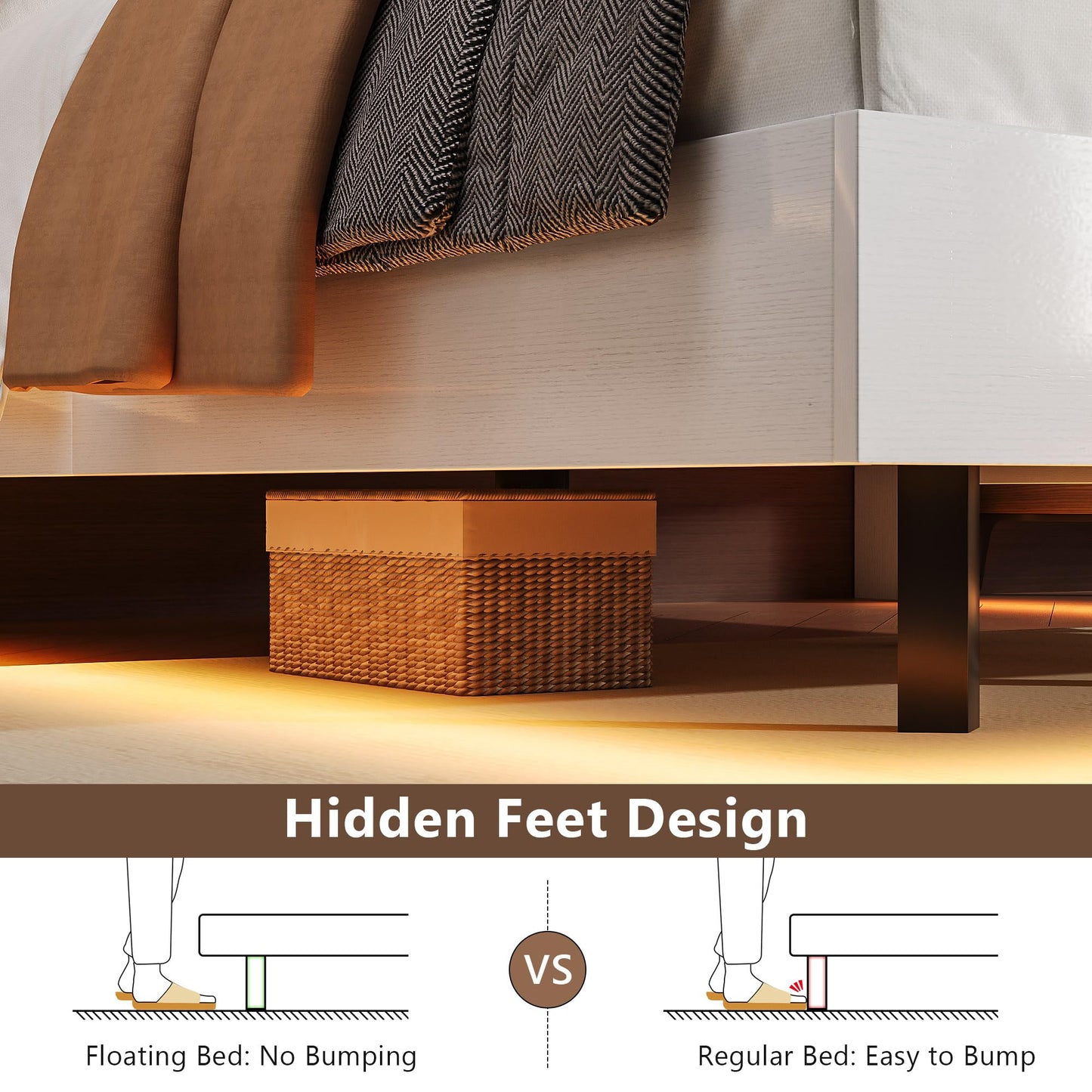 Einhomn Floating Bed Frame Full with 2-Tier Storage Velvet Fabric Upholstered Headboard, Wooden Platform Bed Frame w/Charging Station & LED Lights, Metal Slats Support, No Box Spring Needed, White