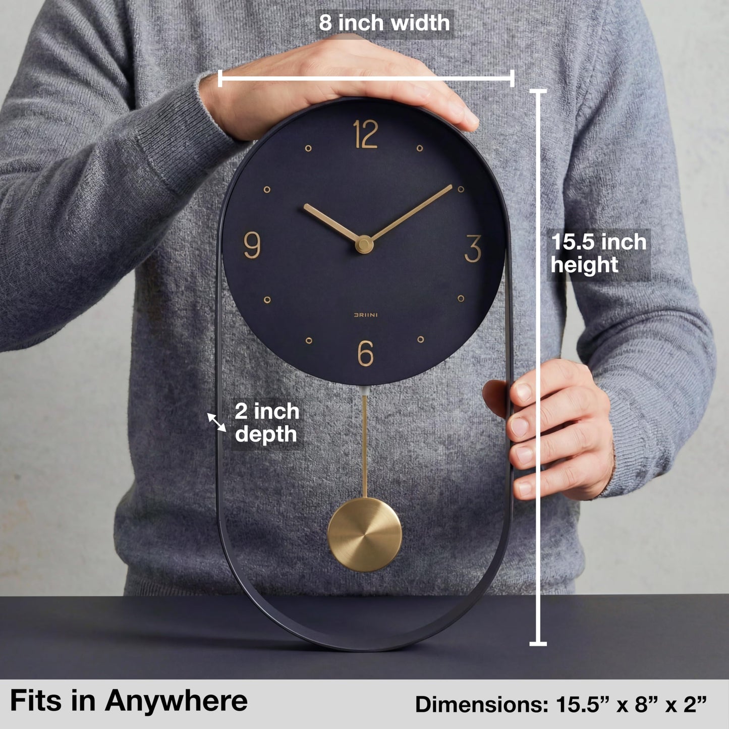 Driini Modern Pendulum Wall Clock - Black and Gold Decorative Wall Clock with Pendulum - Modern Minimalist Metal Wall Clock for Living Room Décor - Silent Battery Operated Wall Clock