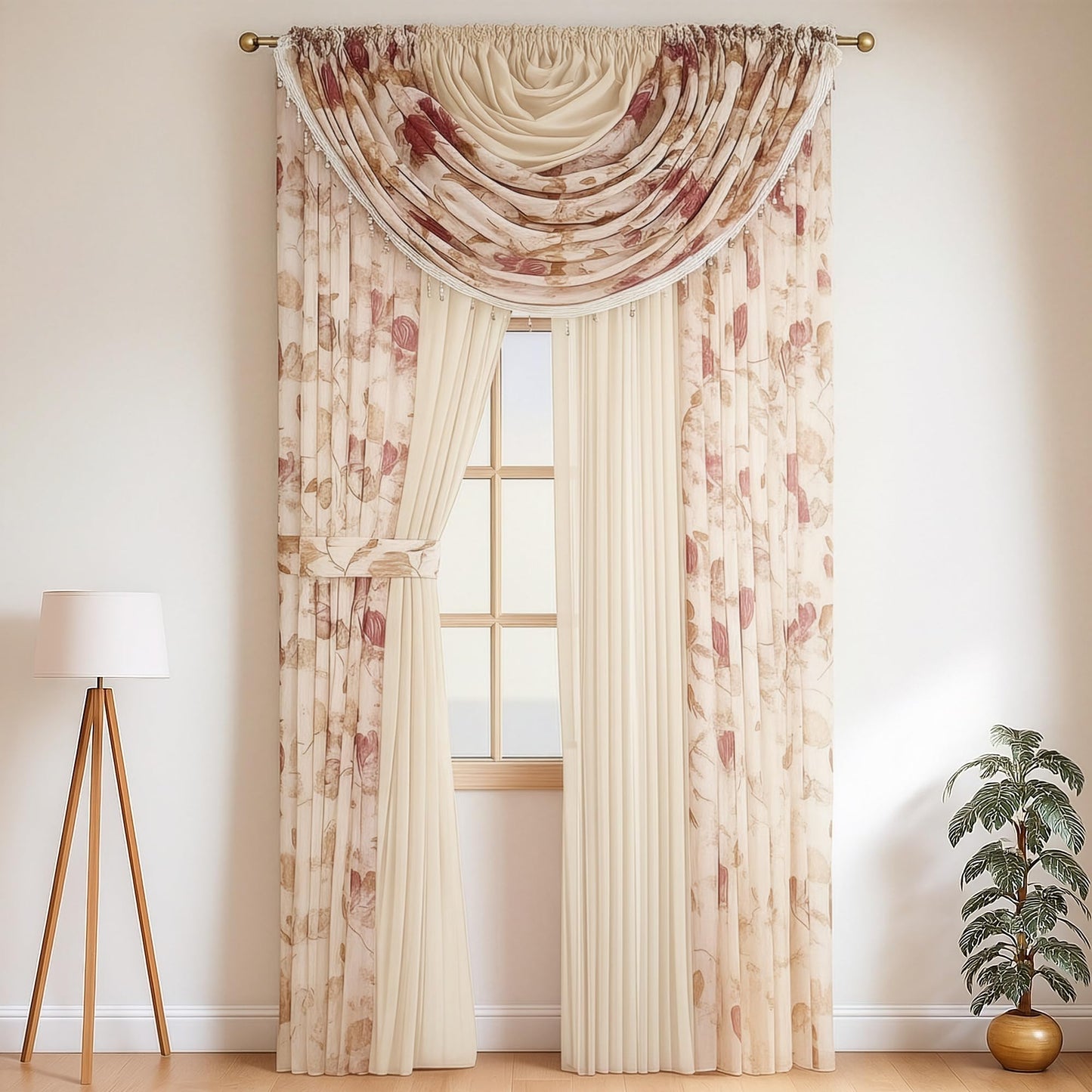 YHSF Sheer Curtains Laura Collection - 4 Panel Set, 84 Inches Long - Elegant Curtains for Bedroom & More - Valances with Beads & 2 tiebacks - 55” x 84" - Multicolor, Floral Rose Solid Beige