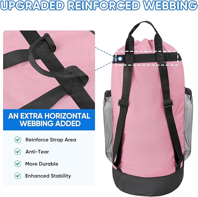 BALEINE 120L Laundry Bag Backpack, 900D Oxford Fabric Large Travel Laundry Bags with Shoulder Straps and 2 Mesh Pockets for College Dorm, Apartment, Laundromat (Pink, 120L)