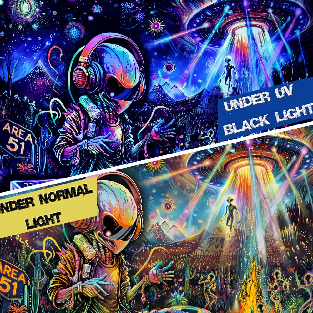 Galoker Blacklight Alien UFO Tapestry Trippy Galaxy Planet Tapestry UV Reactive Funny DJ Music Wall Tapestries Plant Cactus Tapestries Wall Hanging for Home Decor(51.2"x59.1")