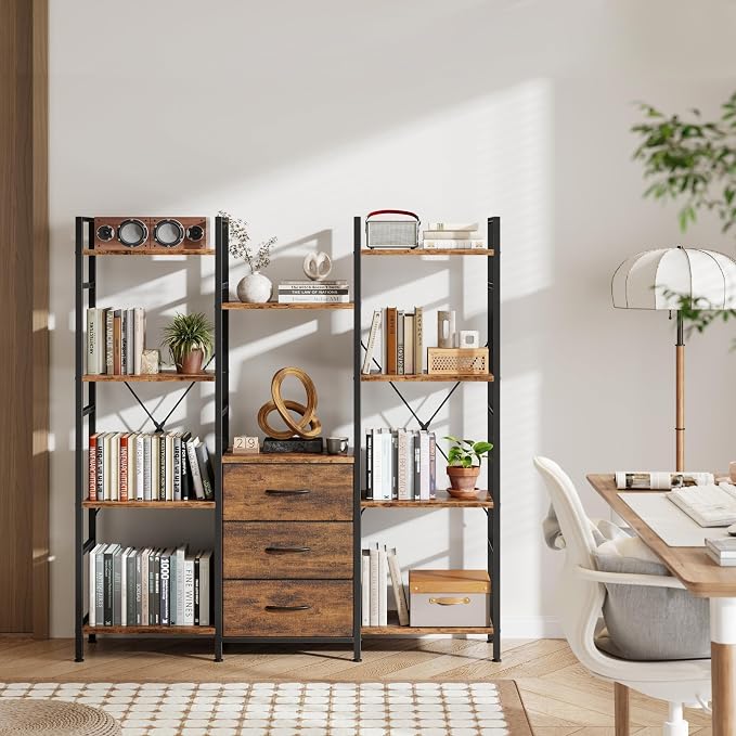 AFLUI Triple Bookshelf with 3 Fabric Drawers, 4-Tier Book Shelf and 10 Display Shelves, Industrial Large Bookcase for Home & Office, Rustic Brown, 47'' Wide