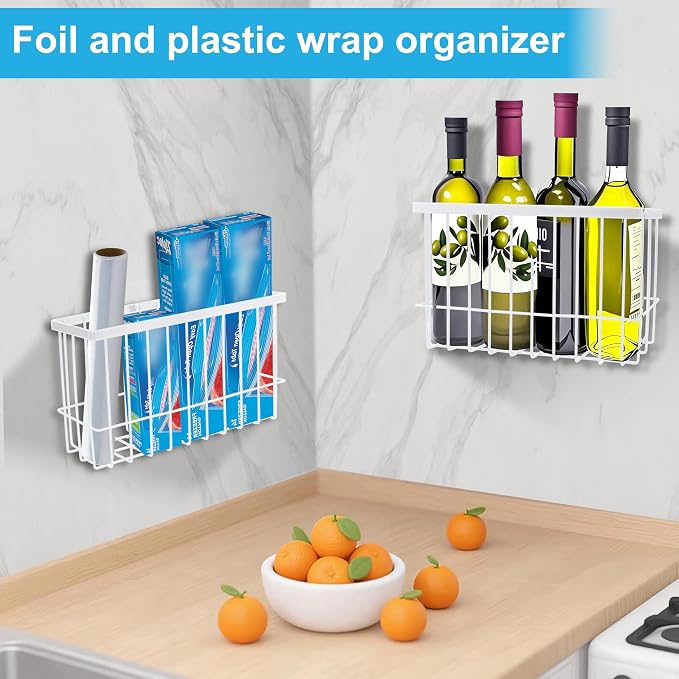 Cabinet Door Organizer 2Pcs, Foil and Plastic Wrap Organizer with 2 Sponges, Cabinet Door Storage with 2 Caddy Adhesive, for Aluminum Foil, Plastic Wrap, Wool Dryer Balls, White,(Medium, Large)
