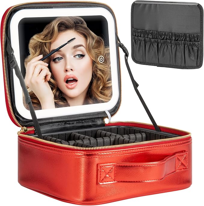 Extrei Gent Makeup Travel Train Case with Mirror LED Light 3 Adjustable Brightness Large Cosmetic Bag Portable Storage Adjustable Partition Waterproof Brushes Make up Jewelry Gift for Women