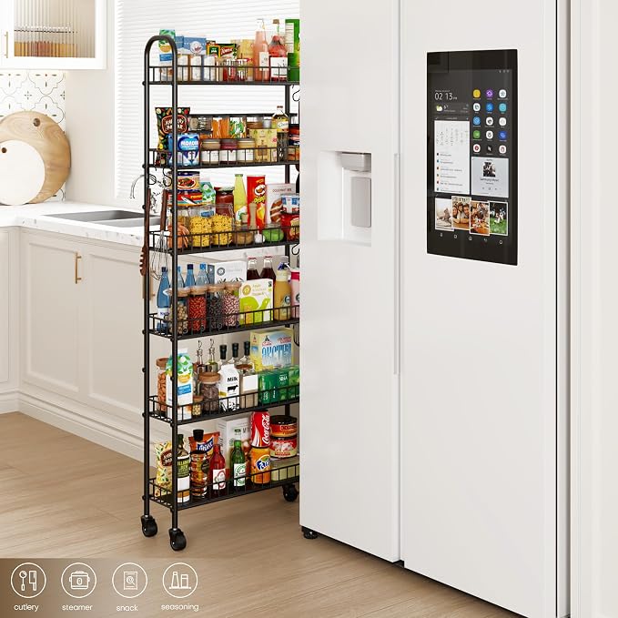 6-Tier Slim Storage Cart, Rolling Kitchen Cart with Wheels | Narrow Metal Shelf Organizer with Hooks for Kitchen, Bathroom, Living Room, Laundry, Small Spaces, Black, 6 in