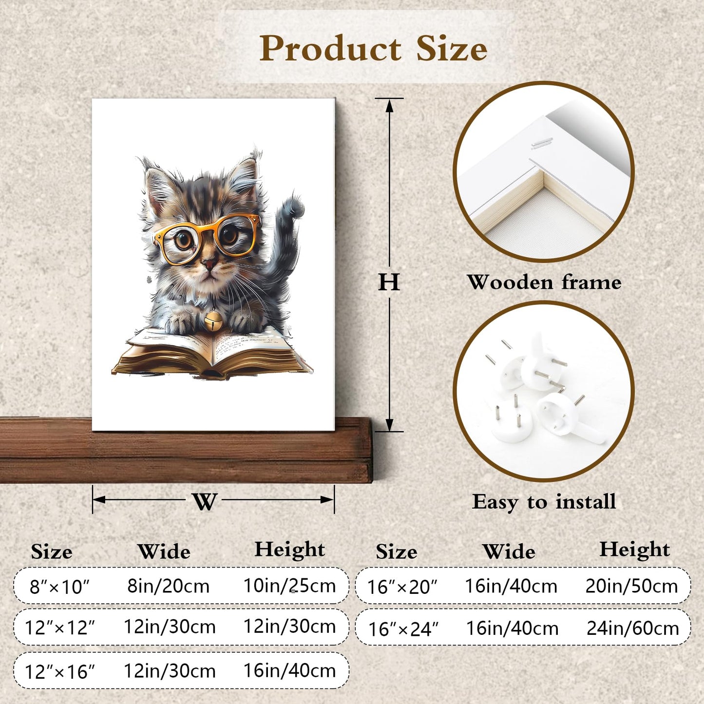 HVEST Cute Cat Wall Art Funny Cat Reading Book Modern Abstract Canvas Wall Art, Animal Wall Art for Living Room Bathroom Bedroom Office Decor, 16L x 12W Inches, Black