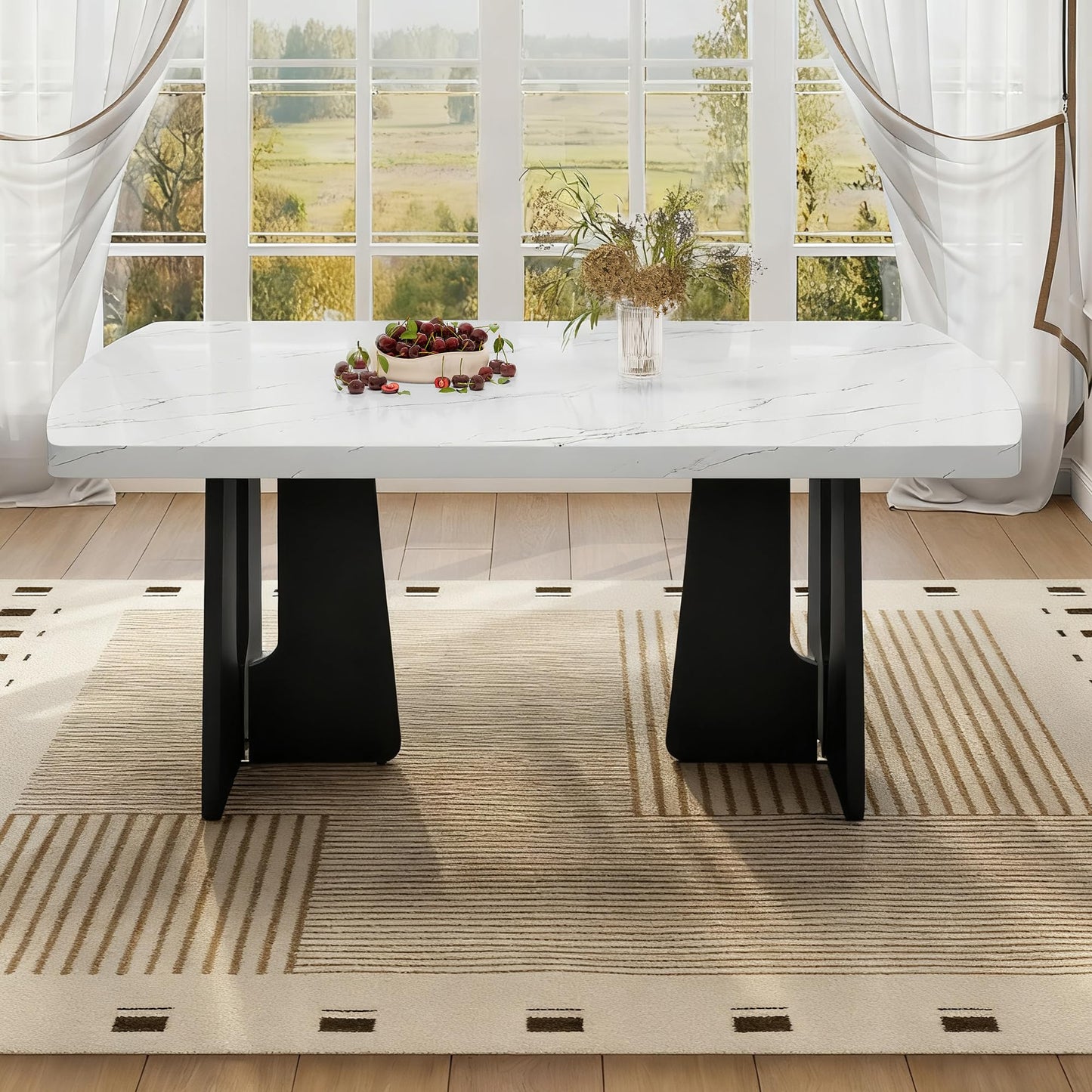 63" Faux Marble Dining Table for 6-8, Rectangular Kitchen Table with Unique Base, MDF Marble Look Top with Rubber Wood Legs, Sturdy Modern Dining Room Table for Home Kitchen, Black & White