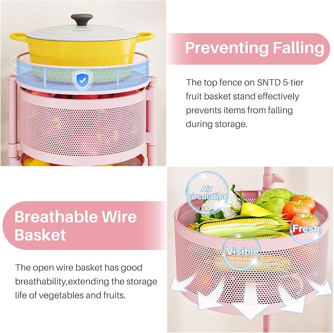 SNTD Fruit and Vegetable Basket Bowls for Kitchen with Metal Top Lid, 5 Tier Rotating Storage Rack Cart for Potato Onion Bread Banana, Wire Basket Organizer on Wheels, Large, Pink