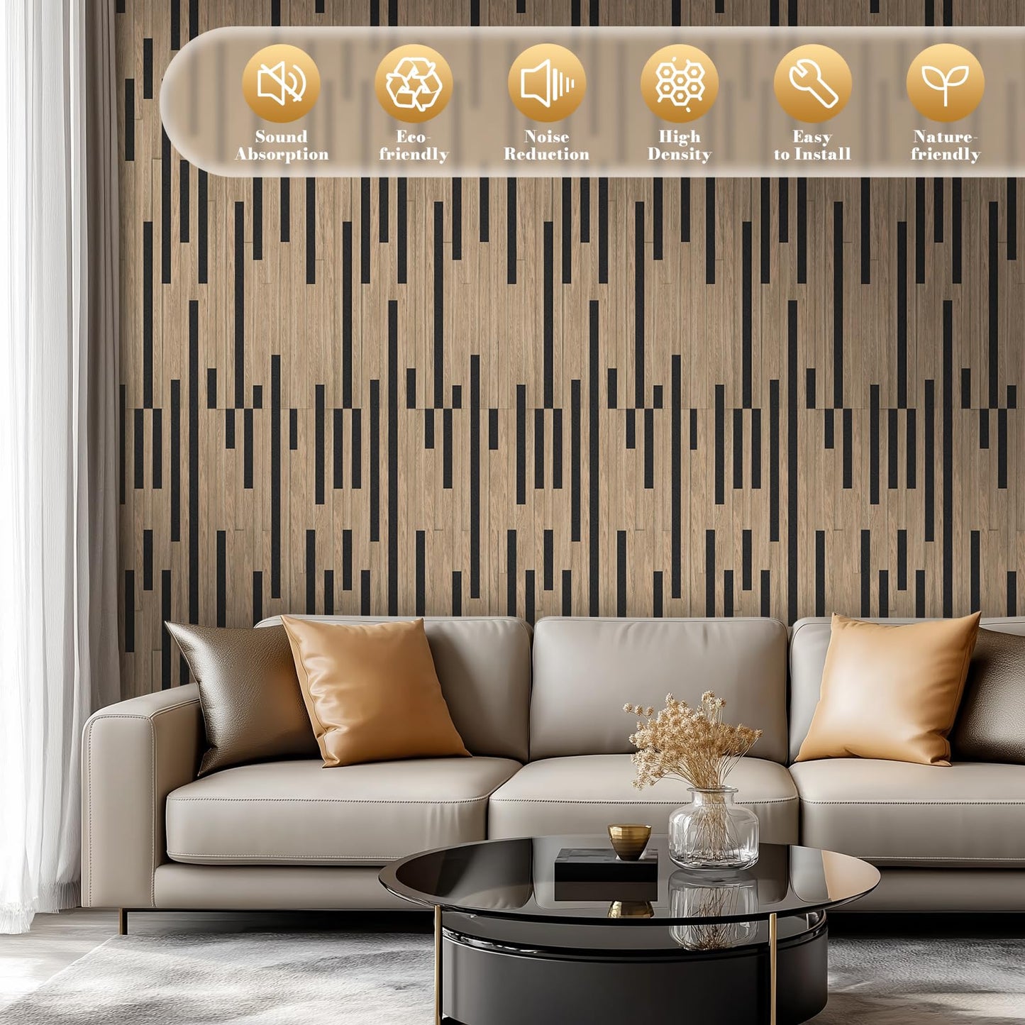 Laapee 2 Pack Acoustic Wood Slat Panels - 47.3x23.6x0.7 Inch 3D Textured Self-Adhesive Sound Absorbing Panels, Easy Install Soundproof Wall Panels for Bedroom, Office, Interior Decor (Walnut)