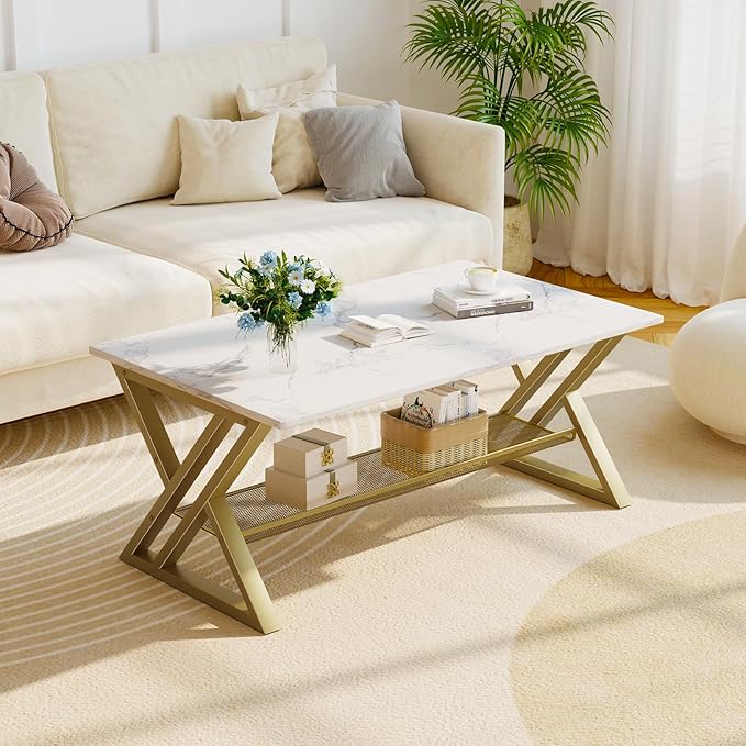 Wolawu Coffee Table Living Room Table with Storage Shelf, White Table Simple Modern Faux Marble Rectangular Tables with Sturdy Gold Metal Frame,Industrial Wooden Coffee Table for Bedroom Home Office