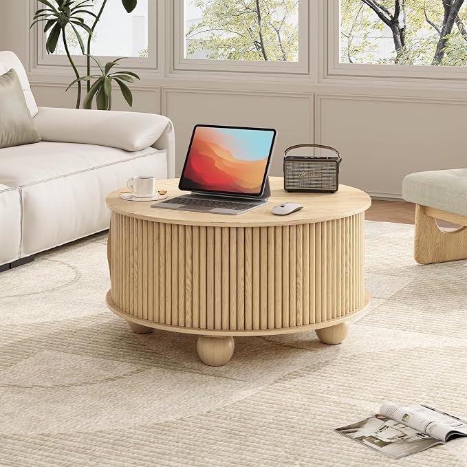 JOINICE Round Coffee Table with Storage, 31.5" Natural Oak Fluted Drum Center Table, Scandi Japandi Wood Circle Table with Sliding Door & Bun Feet for Living Room