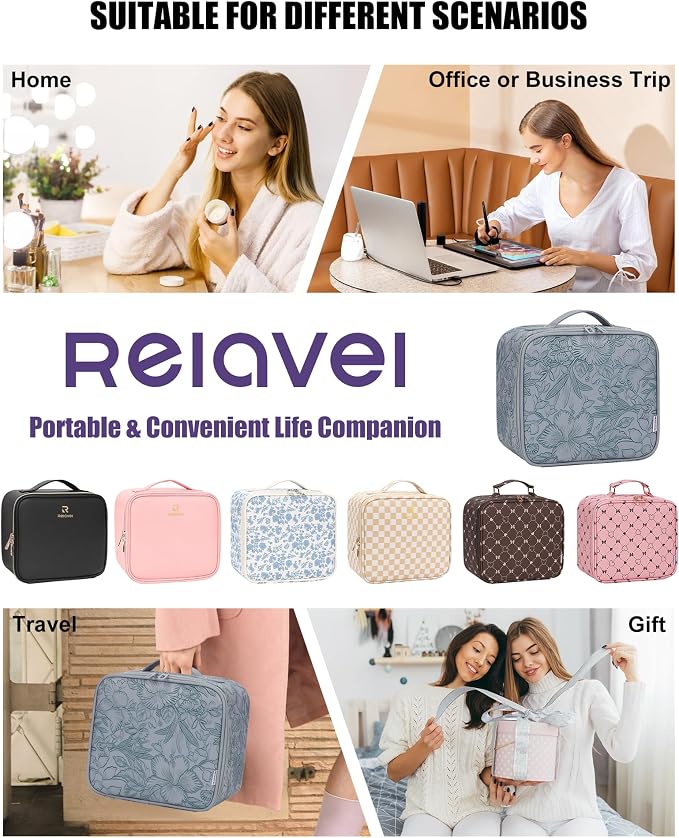 Relavel Travel Makeup Bag With LED Mirror for Women, Cosmetic Organizer Bag with Adjustable Brightness in 3 Color Scenarios, Detachable Dividers, Waterproof Train Case for Daily - Dark Blue FLower