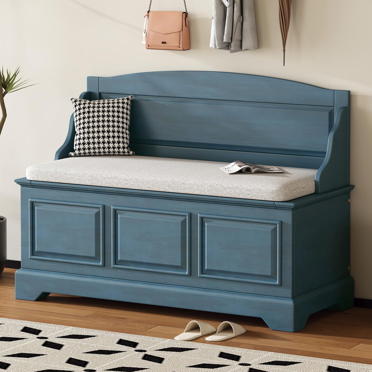 P PURLOVE Farmhouse Storage Bench,Wood Entryway Storage Bench Shoe Bench with Removable Cushion for Living Room,Entryway,Hallway