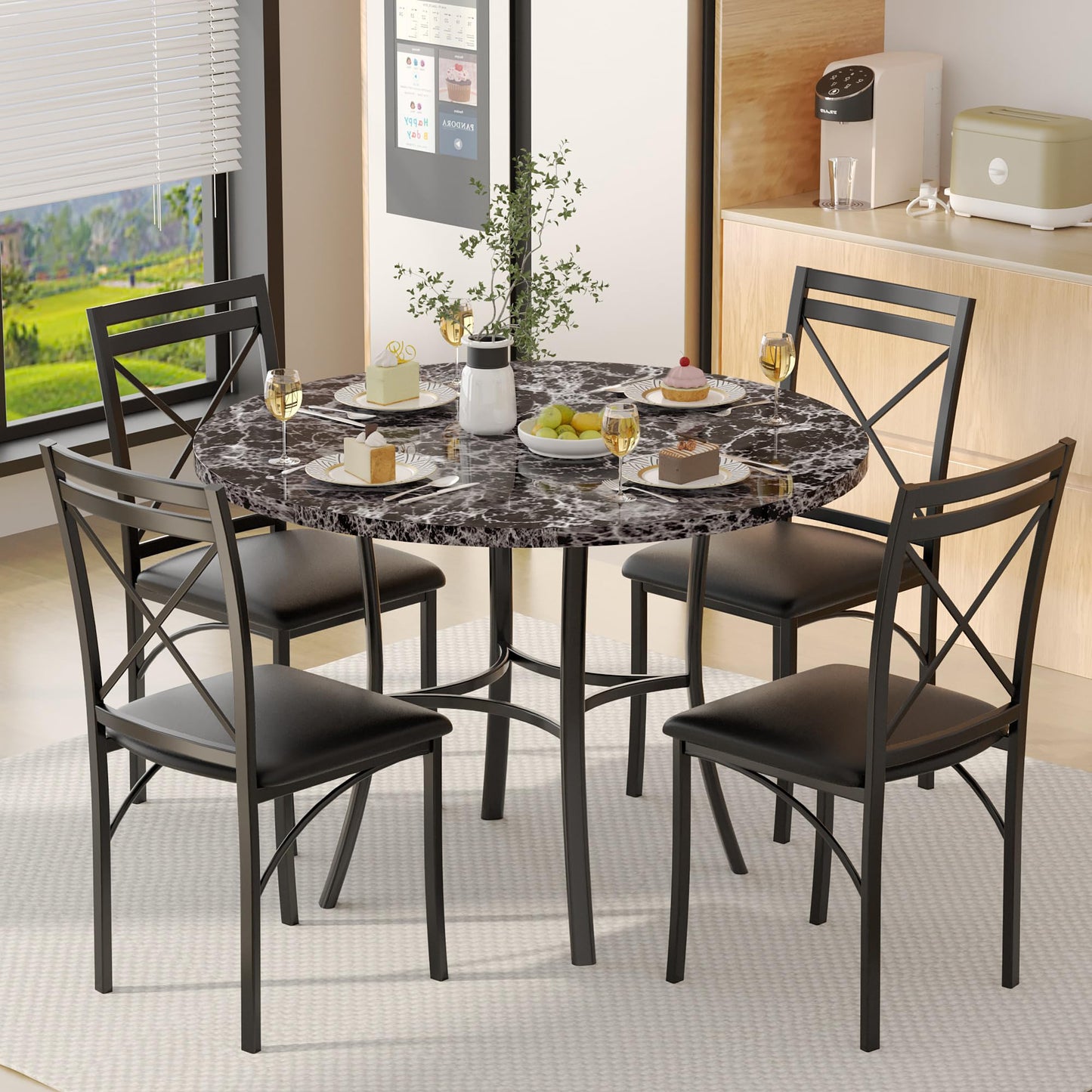 VECELO 5 Piece Dining Table Set for 4, Faux Marble Dinette with Chairs for Kitchen, Breakfast Nook, Small Space, Pure Black