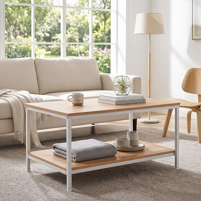 SUPER DEAL 2-Tier Industrial Coffee Table with Storage Shelf for Small Apartment Living Room, Rectangle Wood and Stable Metal TV Stand Side End Table, Natural Wood