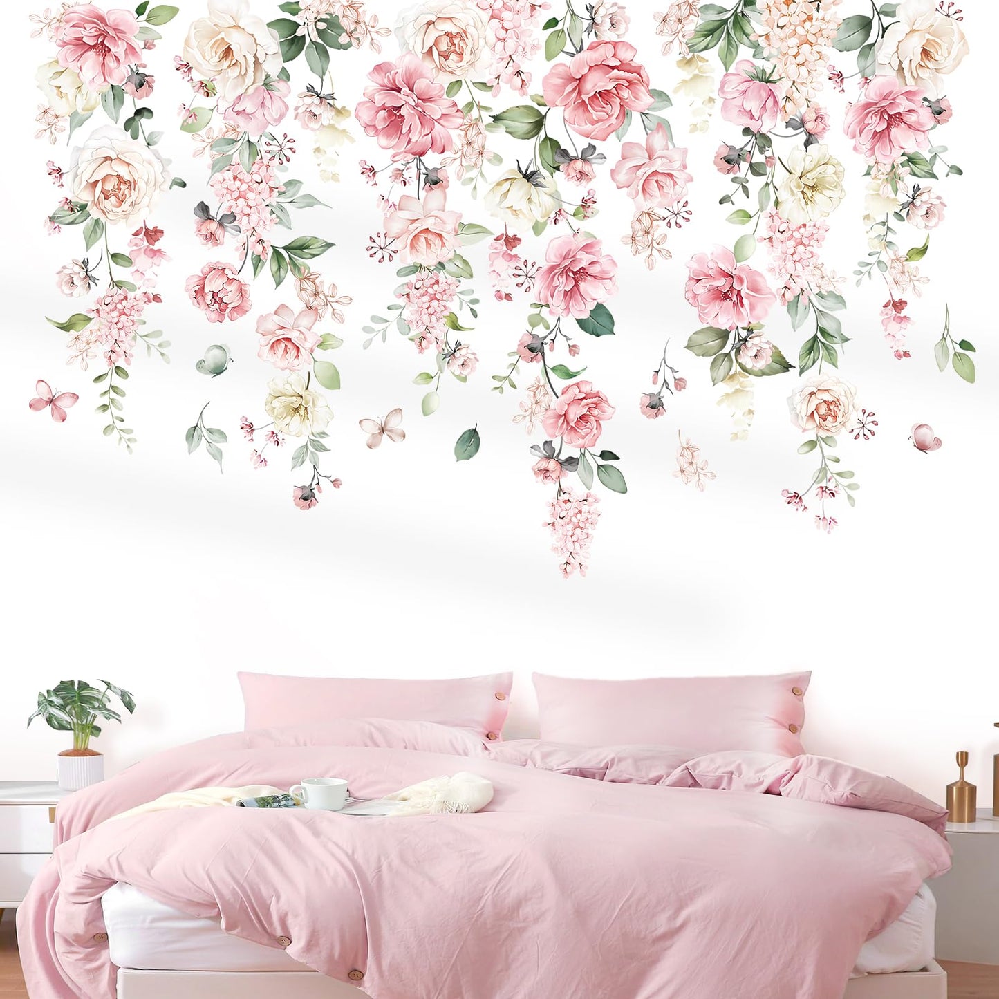 wondever Large Pink Flowers Wall Stickers Hanging Vine Floral Leaves Peel and Stick Wall Art Decals for Baby Nursery Girls Bedroom Living Room