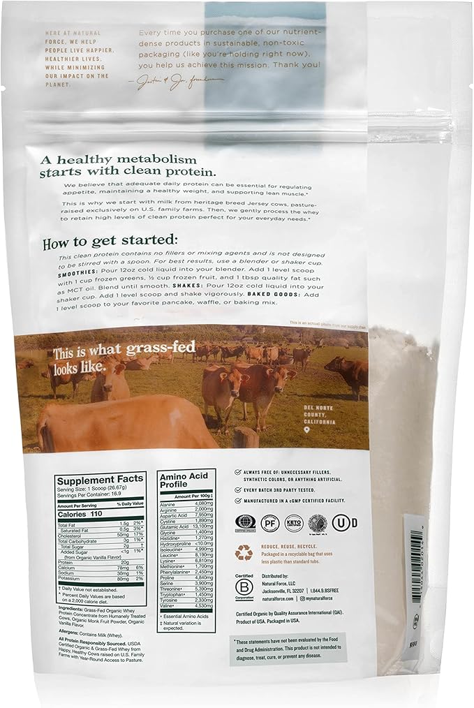 Natural Force Grass Fed Organic Whey Protein Powder ??Non GMO Verified, Humane Certified & Lab Tested for Toxins ??Real Vanilla Flavor ??Keto Friendly, Low Carb, and Kosher - 16 Ounce A2 Protein