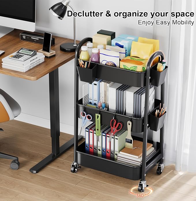 3 Tier Rolling Cart Metal with Wheels, Heavy Duty Three Tiered Rolling Storage Cart on Wheels, Black Utility Roller Carts Organizer for Baby, Art, Craft, Snack,Book, Nail, Diaper Caddy, Cleaning, Dorm
